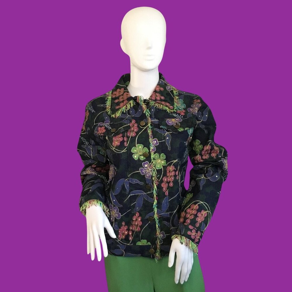 Stunning Floral Painted Design Gold Trim Accents Bling Fring Edging Denim Jacket